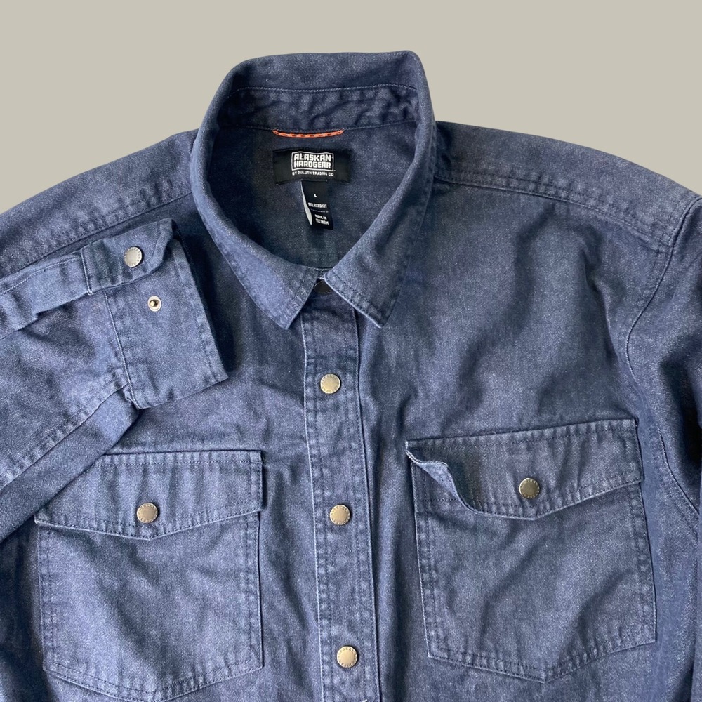 Alaskan Hardgear Recinder Chambray Overshirt Mens L Relaxed Blue Denim Snap Camp